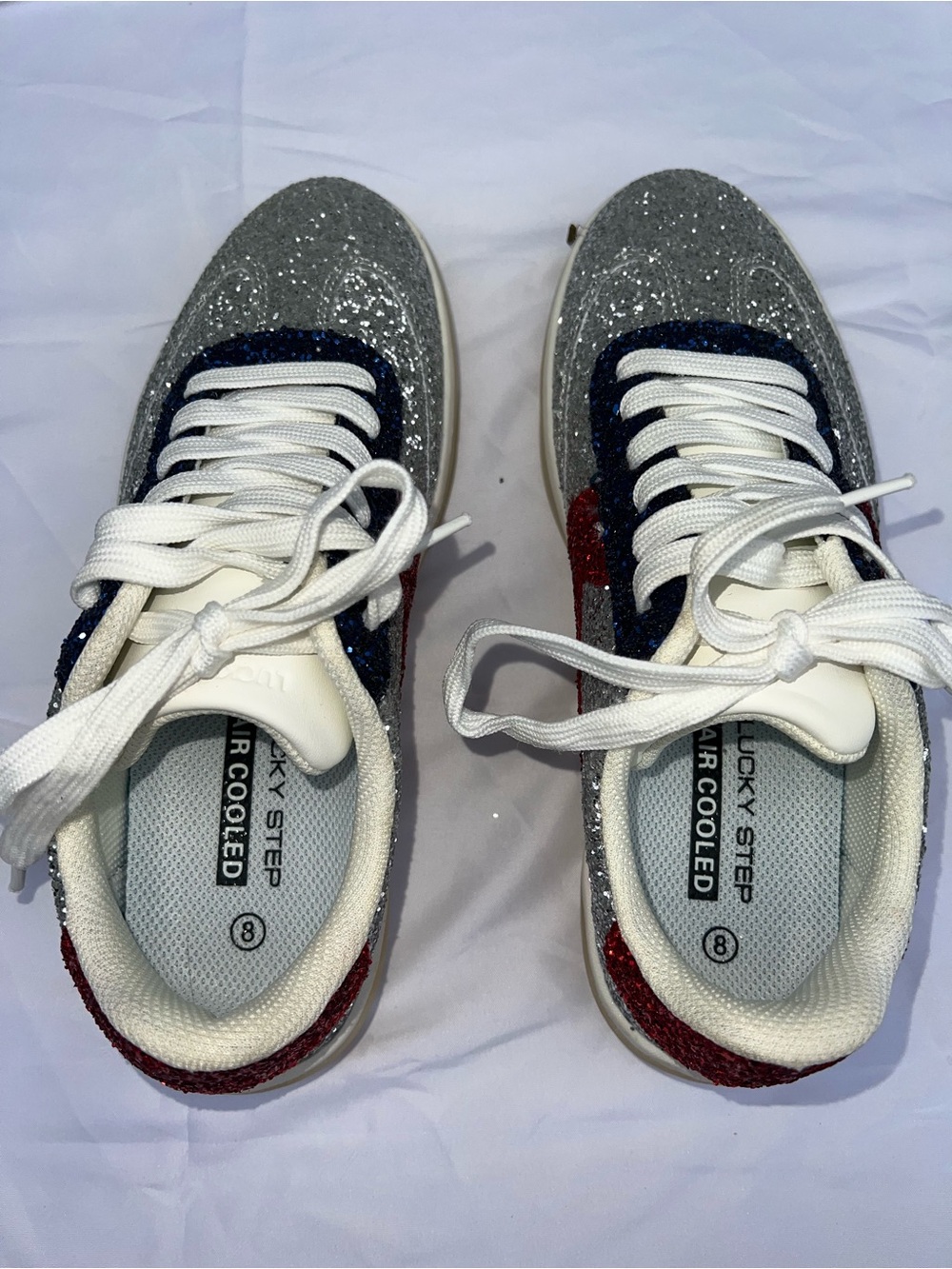 NWOT Lucky Step Air Cooled Size 8 Silver Glitter Sneakers Red Blue Lace Up - Picture 10 of 11